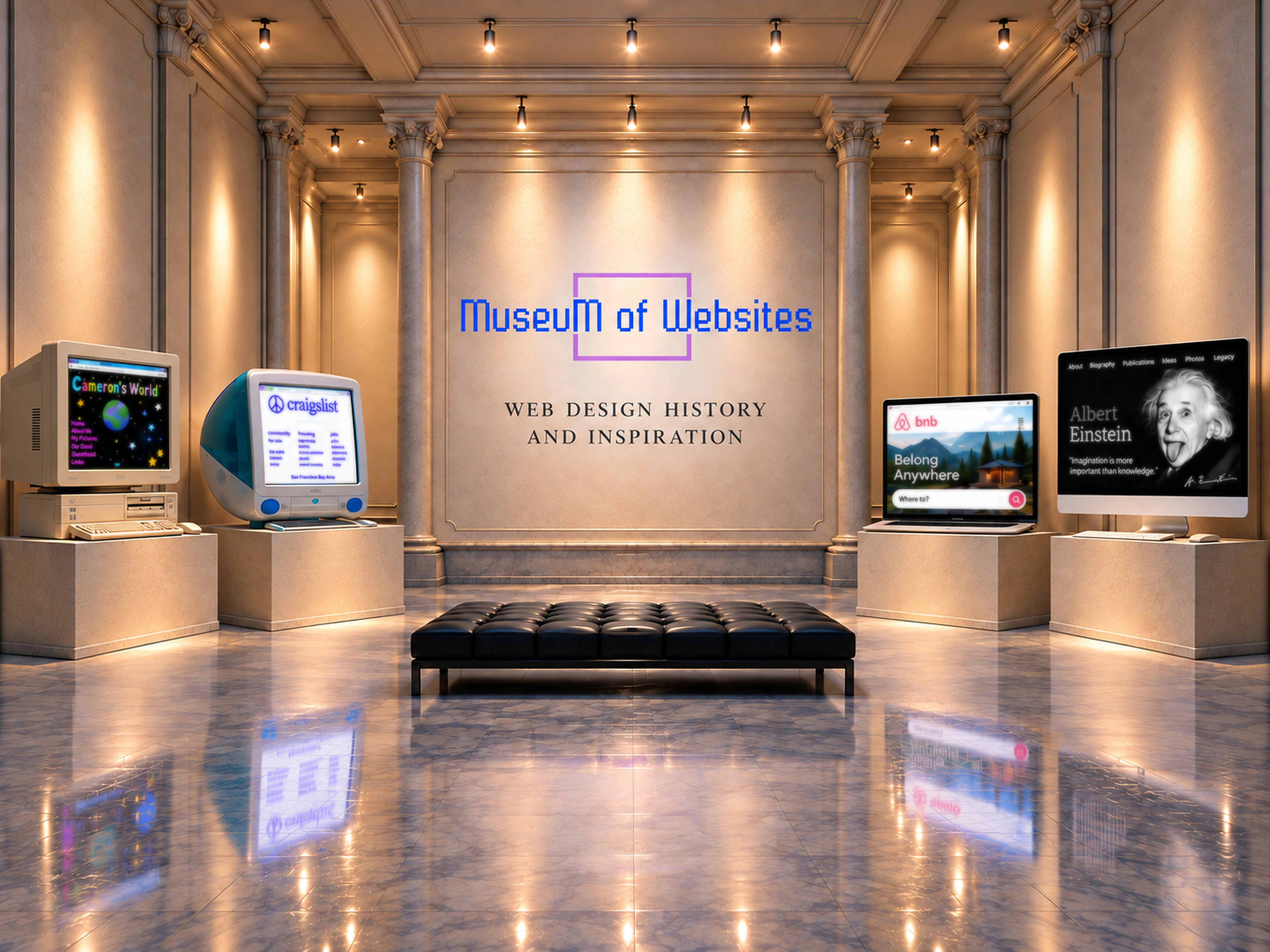 A museum gallery with vintage and modern computers displaying historic and modern website designs, with the Museum of Websites logo and the words “Web design history and inspiration” on the central wall.