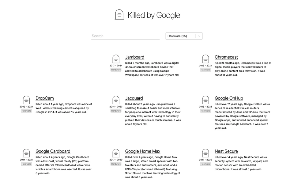 Screenshot of KilledByGoogle.com