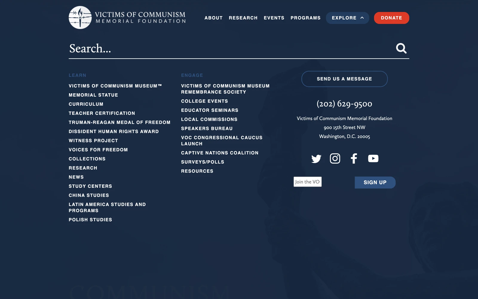 Navigation screenshot of VictimsOfCommunism.org