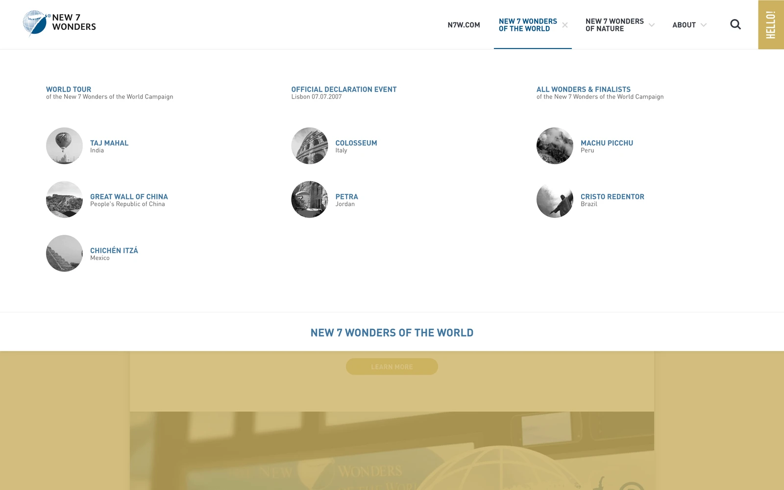 Navigation screenshot of New7Wonders.com