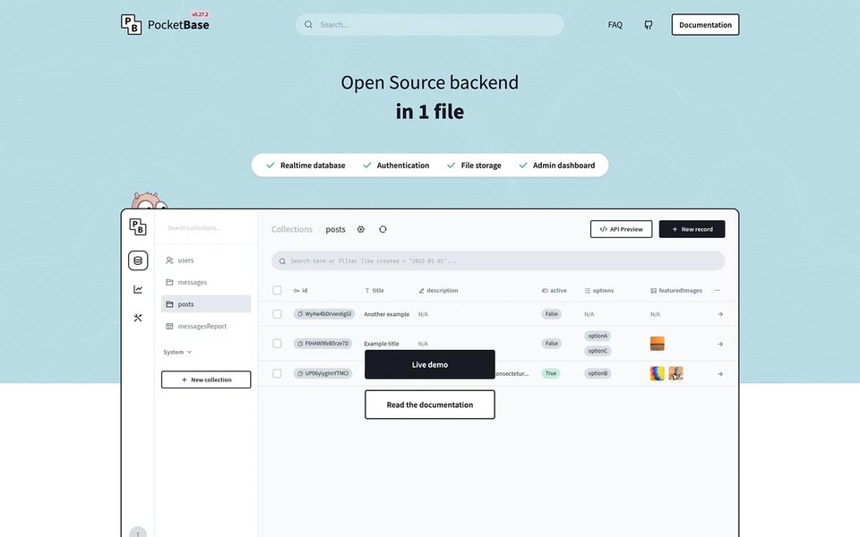 Screenshot of PocketBase.io