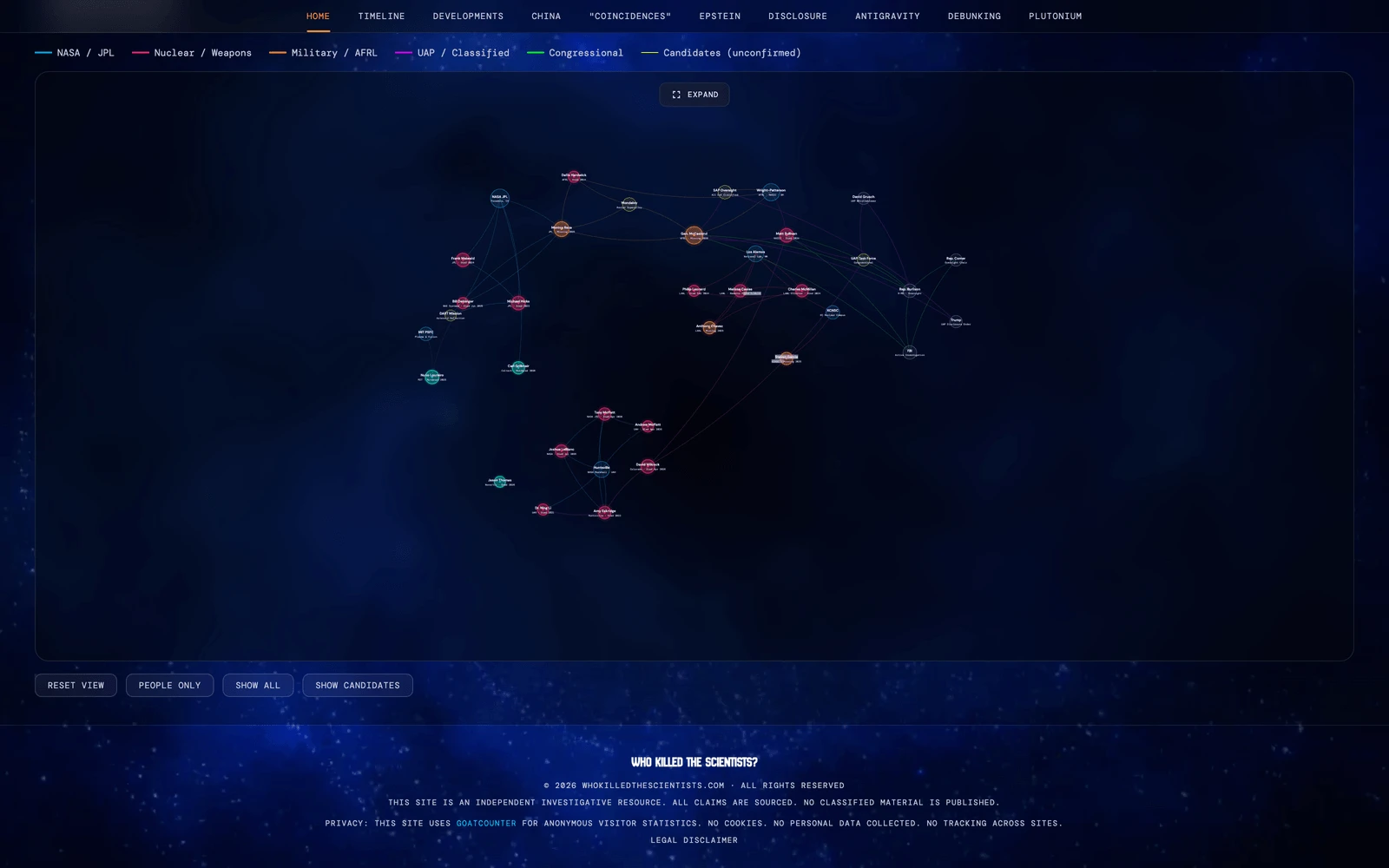 Bottom screenshot of WhoKilledTheScientists.com