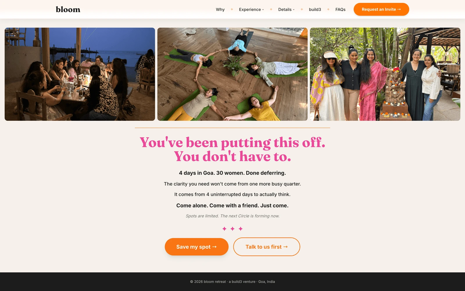 Bottom screenshot of BloomRetreat.in Goa