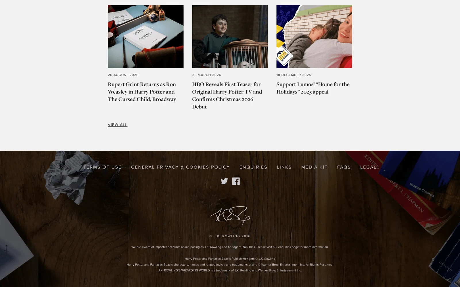 Bottom screenshot of JKRowling.com