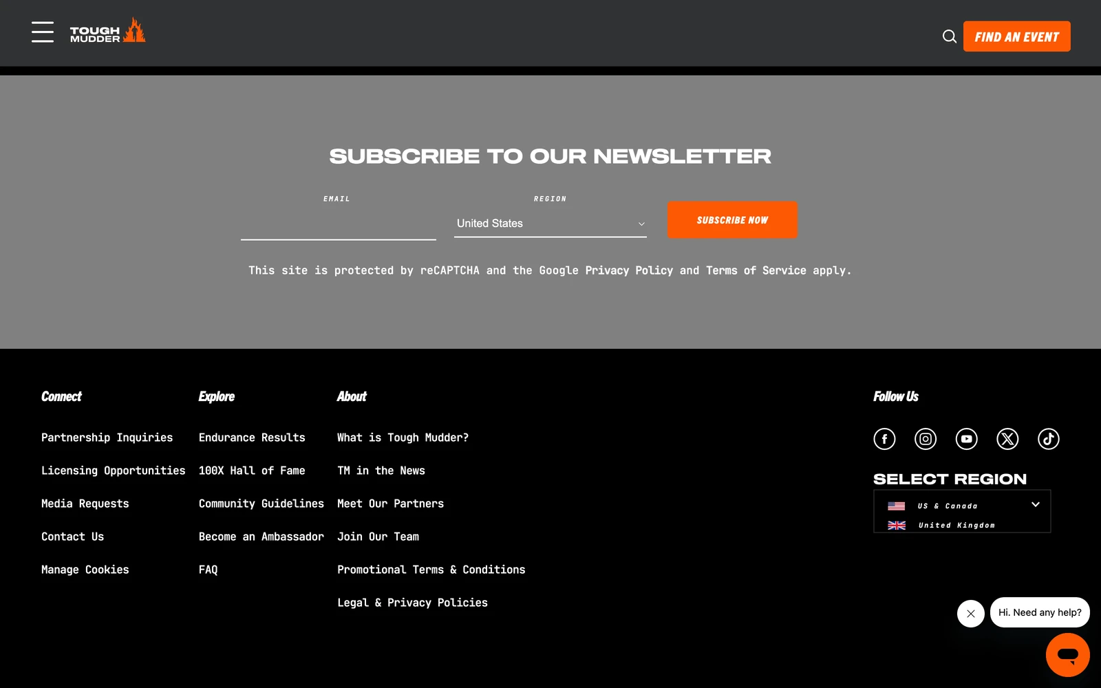 Bottom screenshot of ToughMudder.com