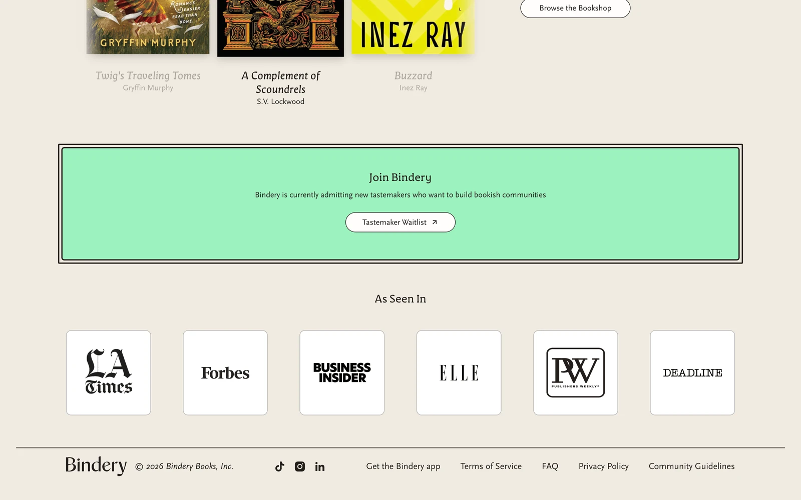 Bottom screenshot of BinderyBooks.com