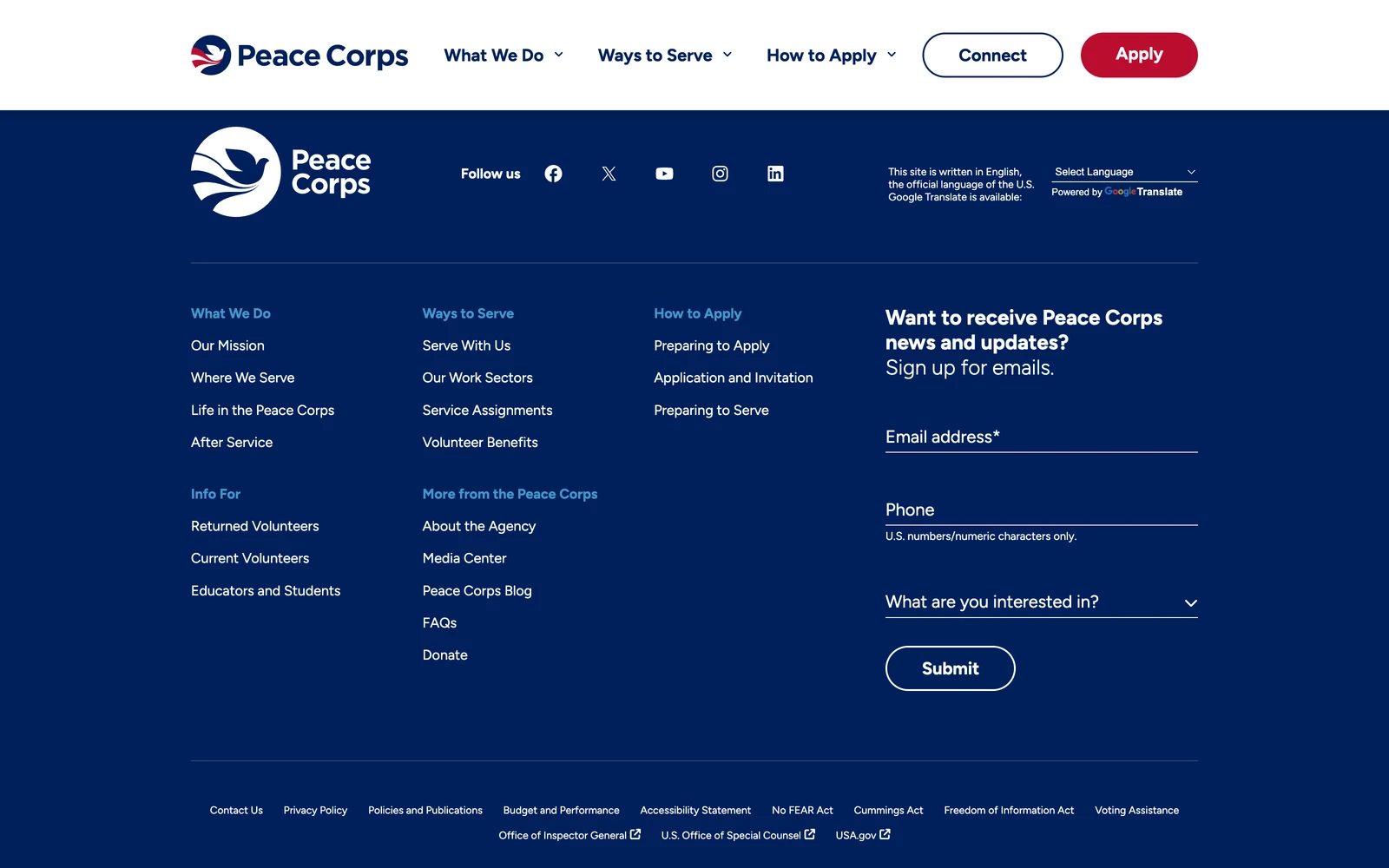 Bottom screenshot of PeaceCorps.gov