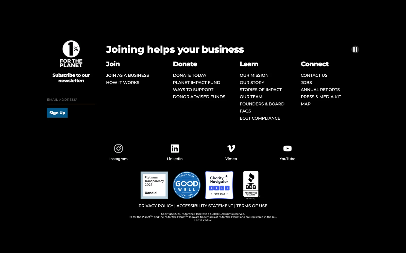 Bottom screenshot of OnePercentForThePlanet.org