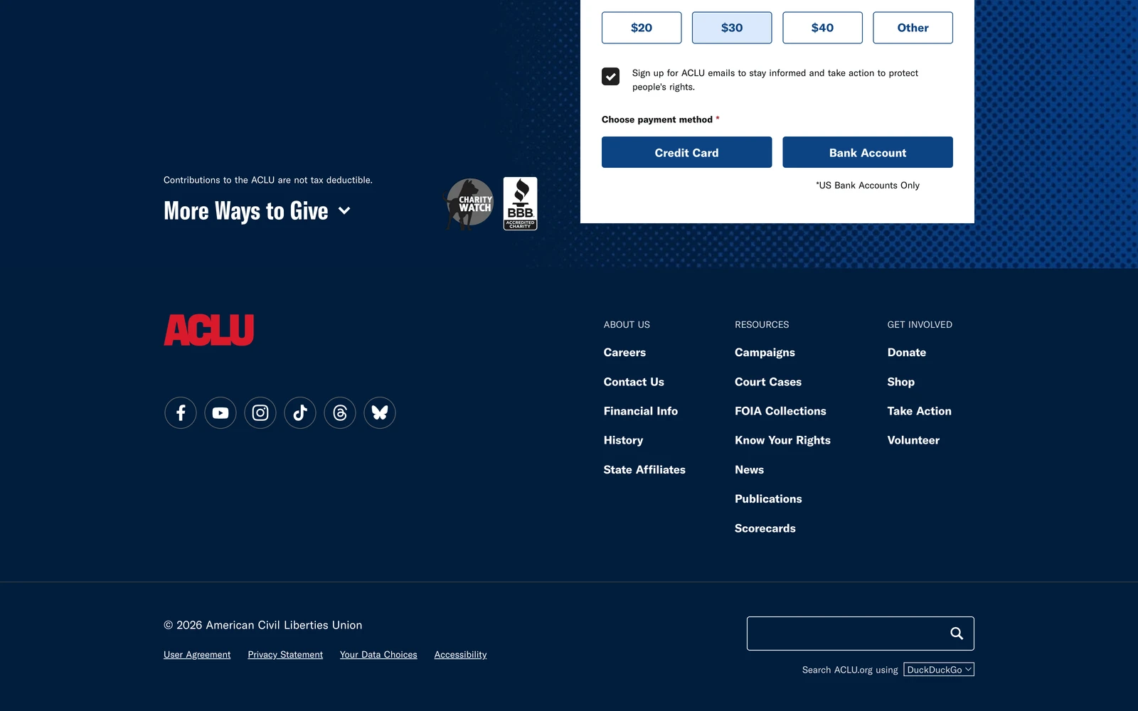 Bottom screenshot of ACLU.org