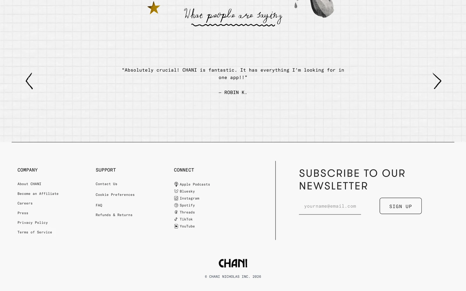 Bottom screenshot of CHANI.com