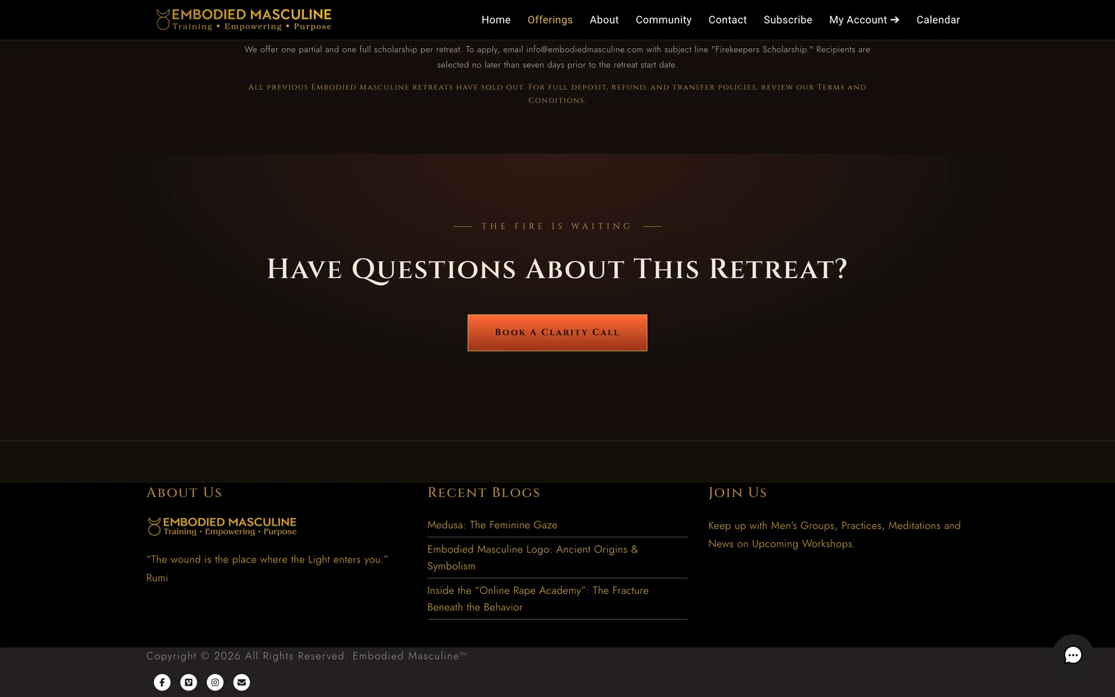 Bottom screenshot of EmbodiedMasculine.com Firekeepers Retreat