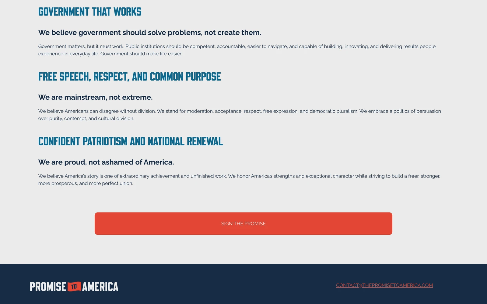 Bottom screenshot of ThePromiseToAmerica.com