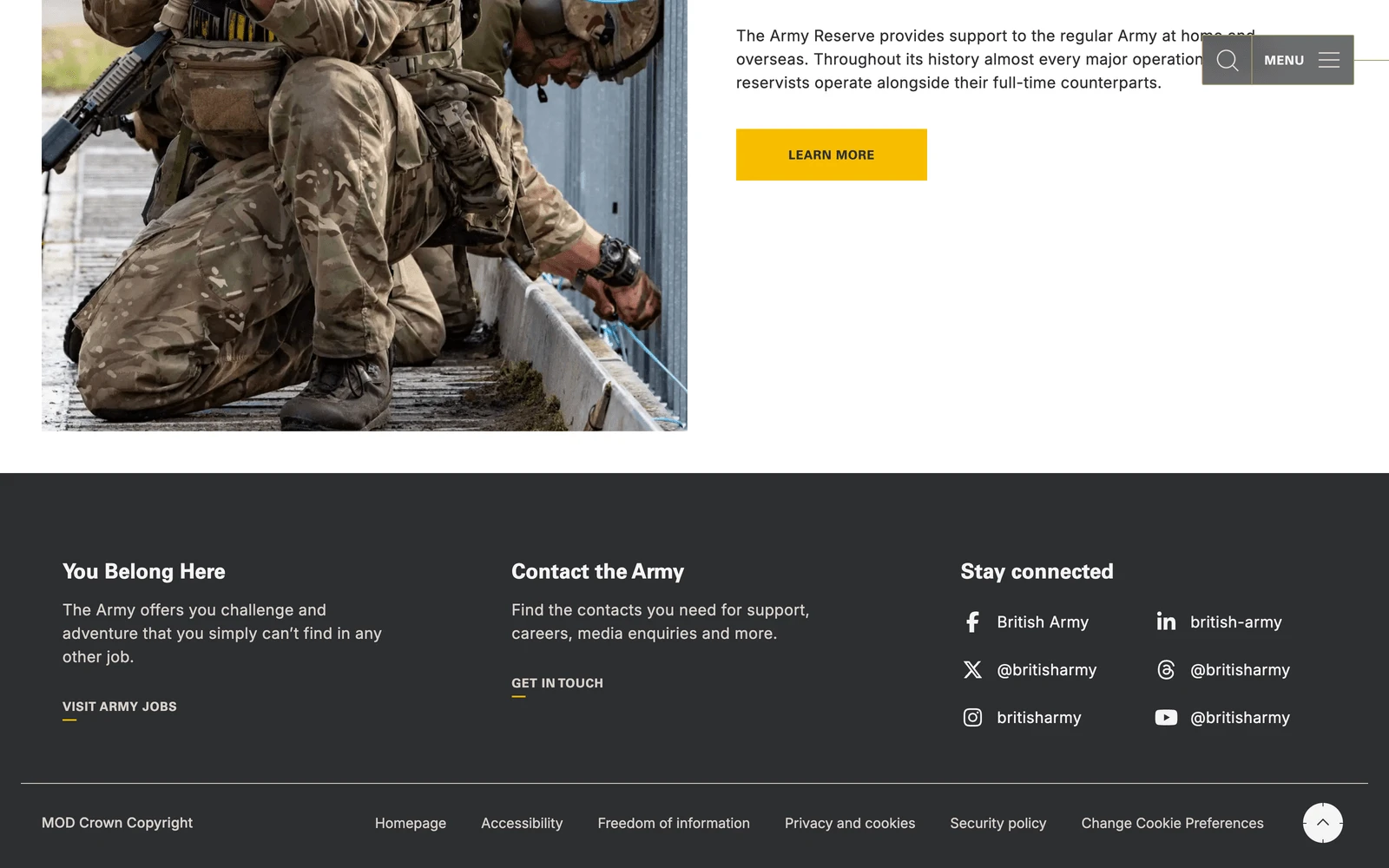 Bottom screenshot of MOD.uk Army
