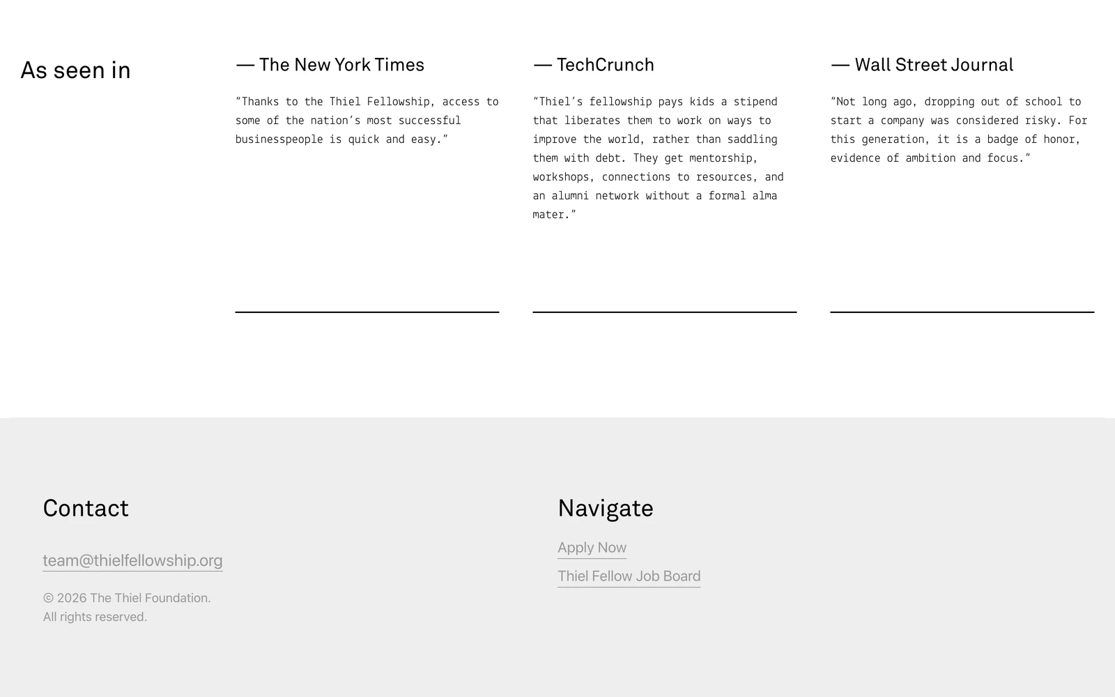 Bottom screenshot of ThielFellowship.org
