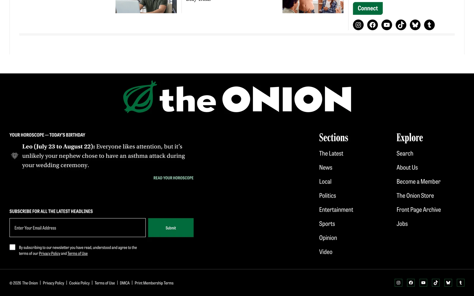 Bottom screenshot of TheOnion.com