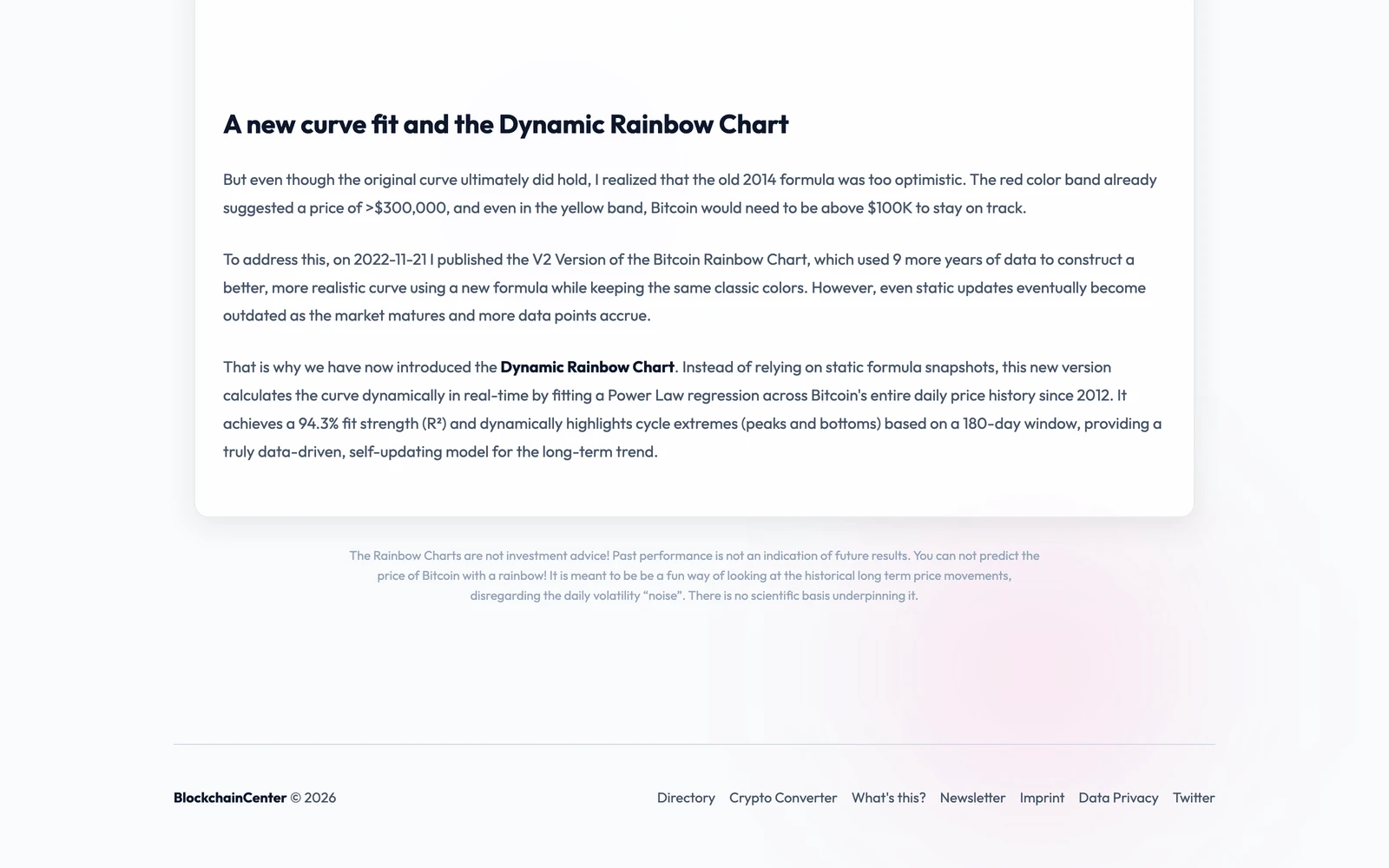 Bottom screenshot of BlockchainCenter.net Rainbow Chart