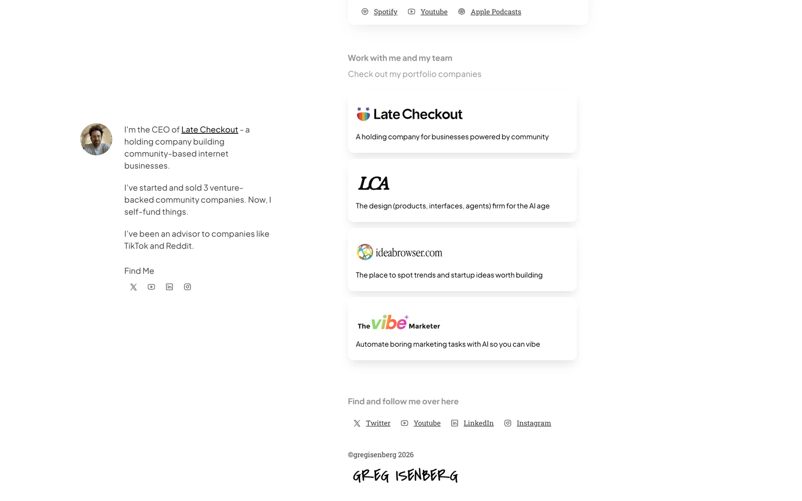 Bottom screenshot of GregIsenberg.com