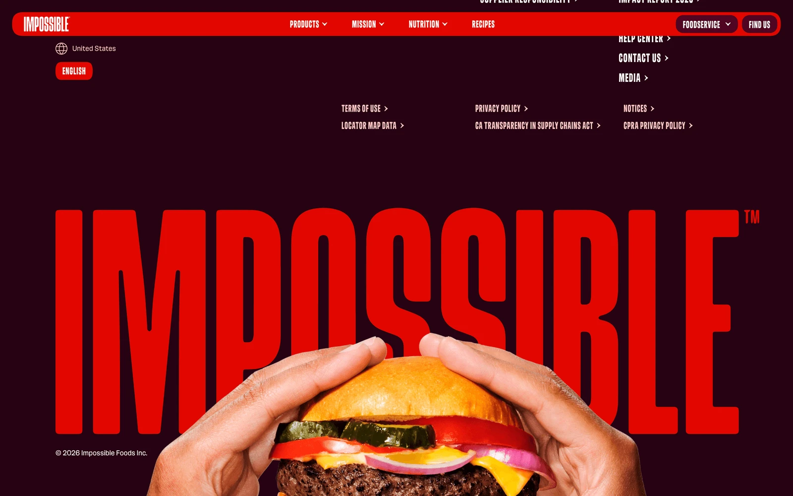 Bottom screenshot of ImpossibleFoods.com