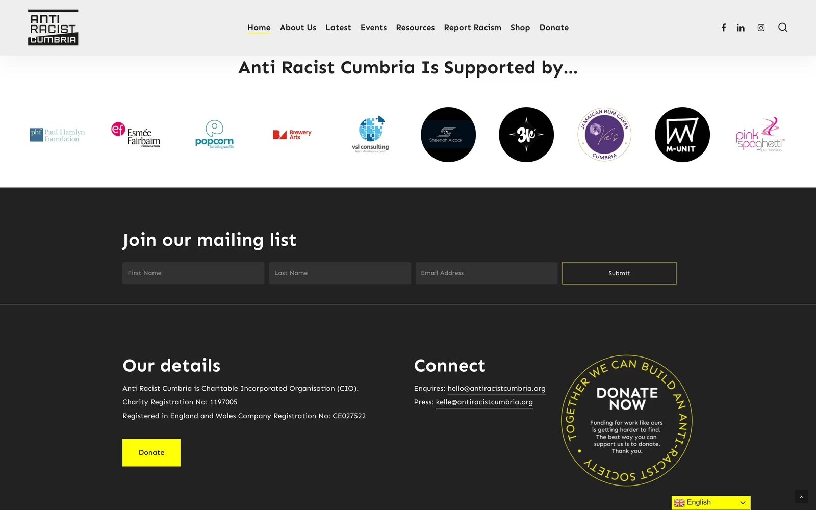 Bottom screenshot of AntiRacistCumbria.org