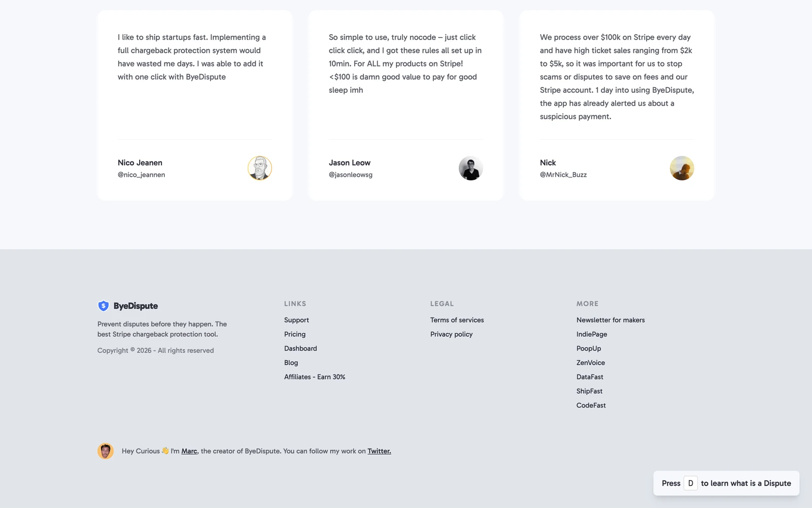 Bottom screenshot of ByeDispute.com
