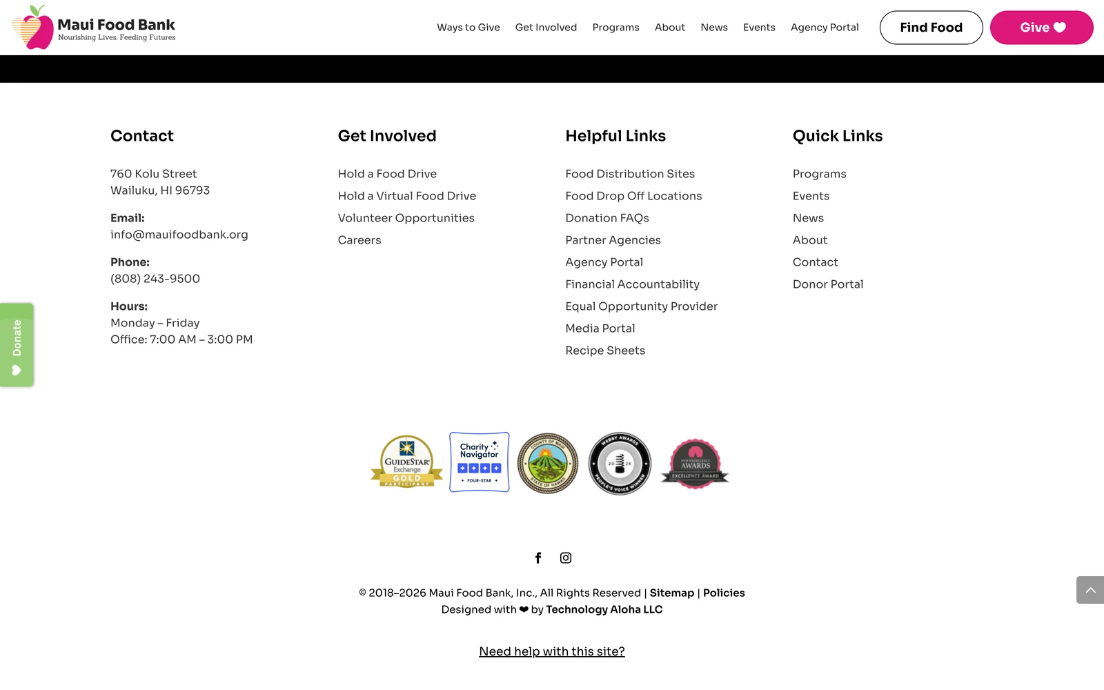 Bottom screenshot of MauiFoodBank.org
