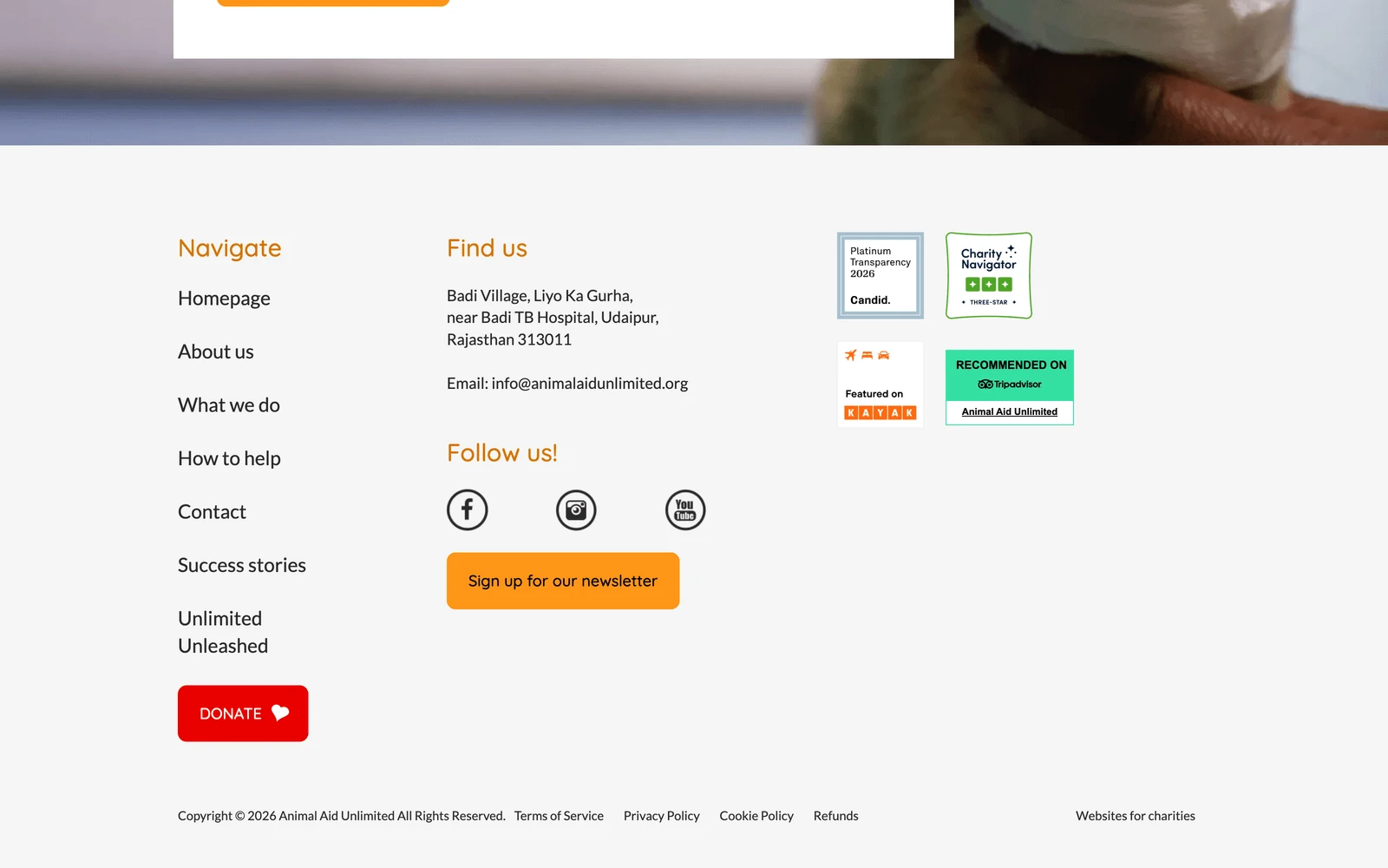 Bottom screenshot of AnimalAidUnlimited.org