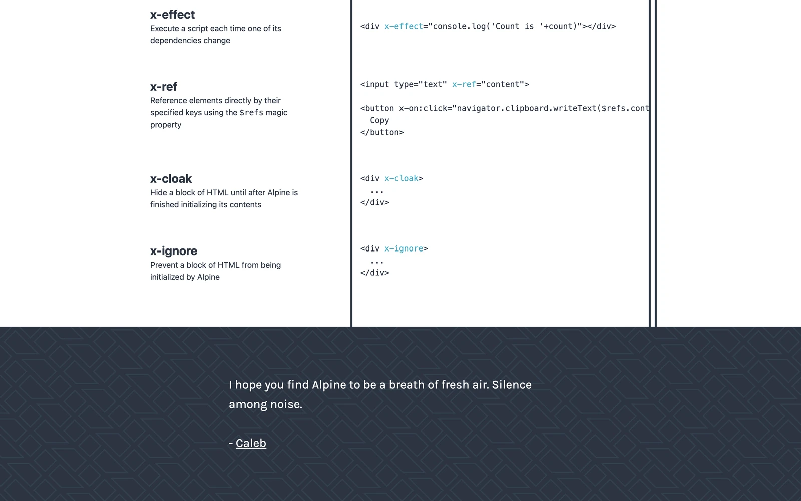 Bottom screenshot of AlpineJS.dev