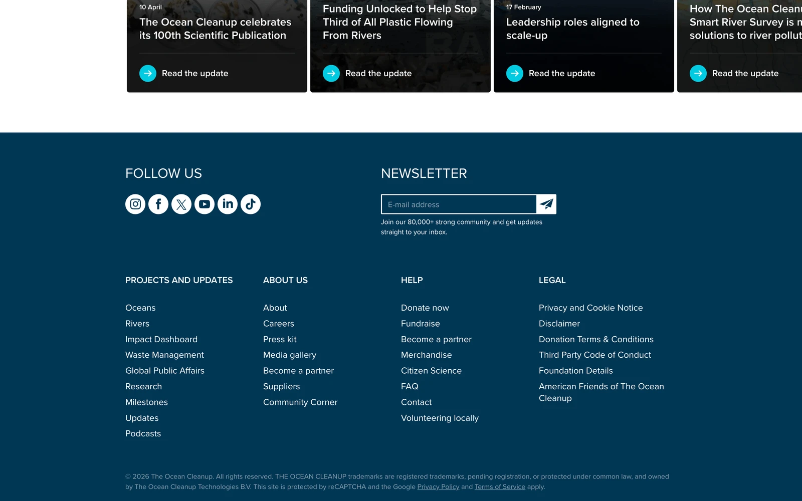 Bottom screenshot of TheOceanCleanup.com