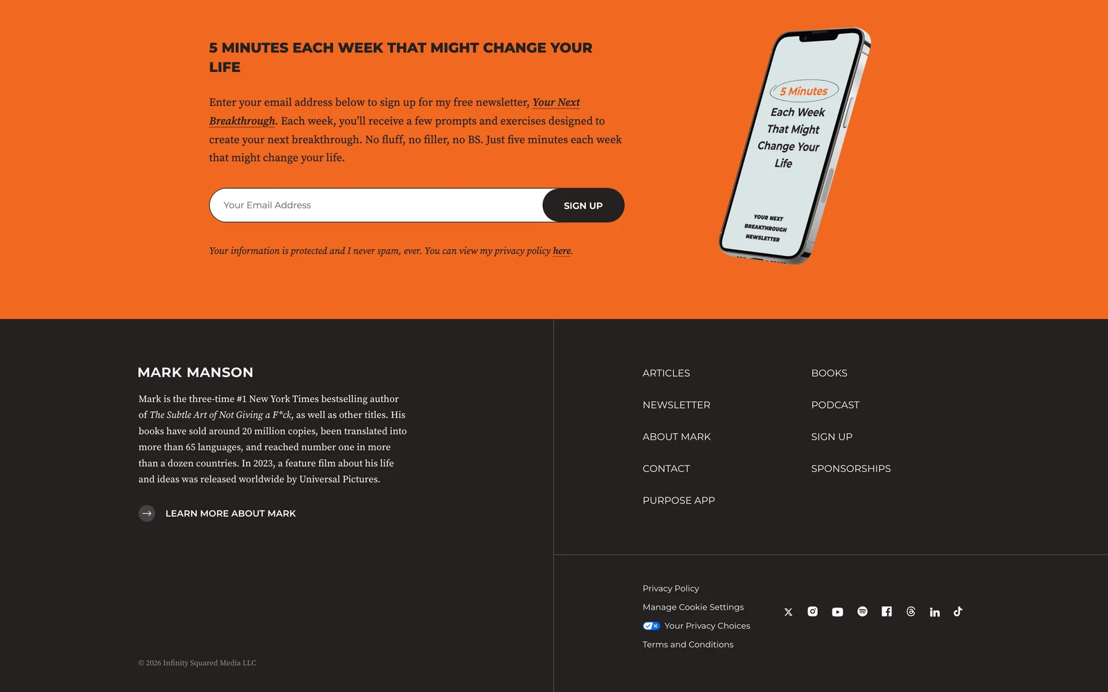 Bottom screenshot of MarkManson.net