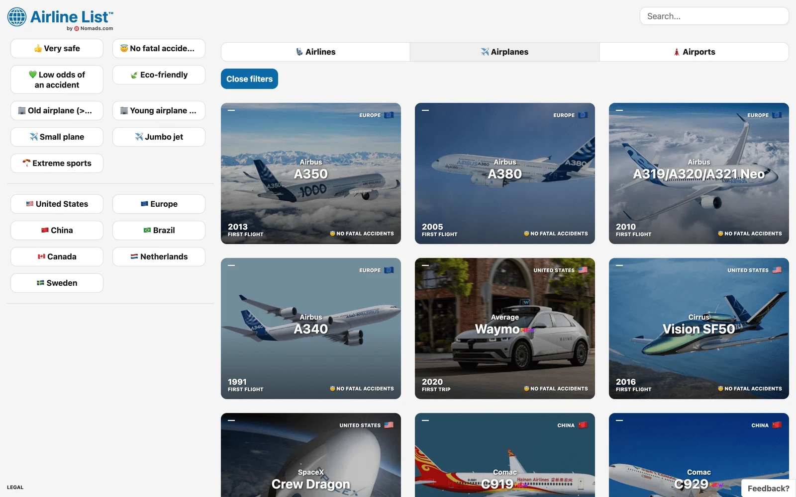 Top screenshot of AirlineList.com