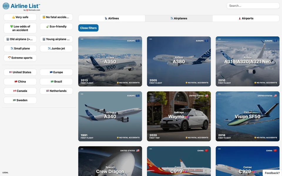 Screenshot of AirlineList.com