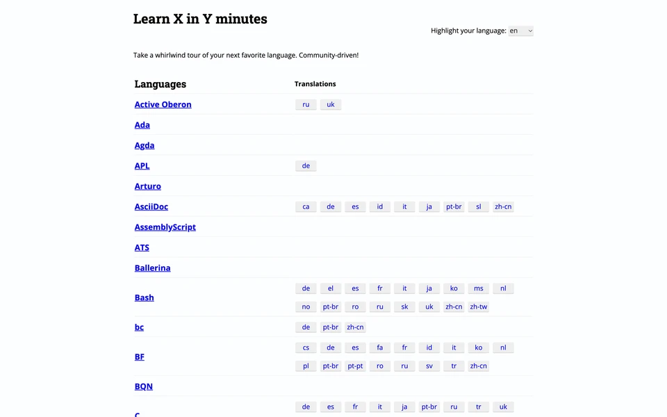 Screenshot of LearnXInYMinutes.com