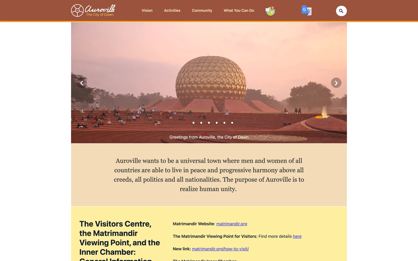 Top screenshot of Auroville.org