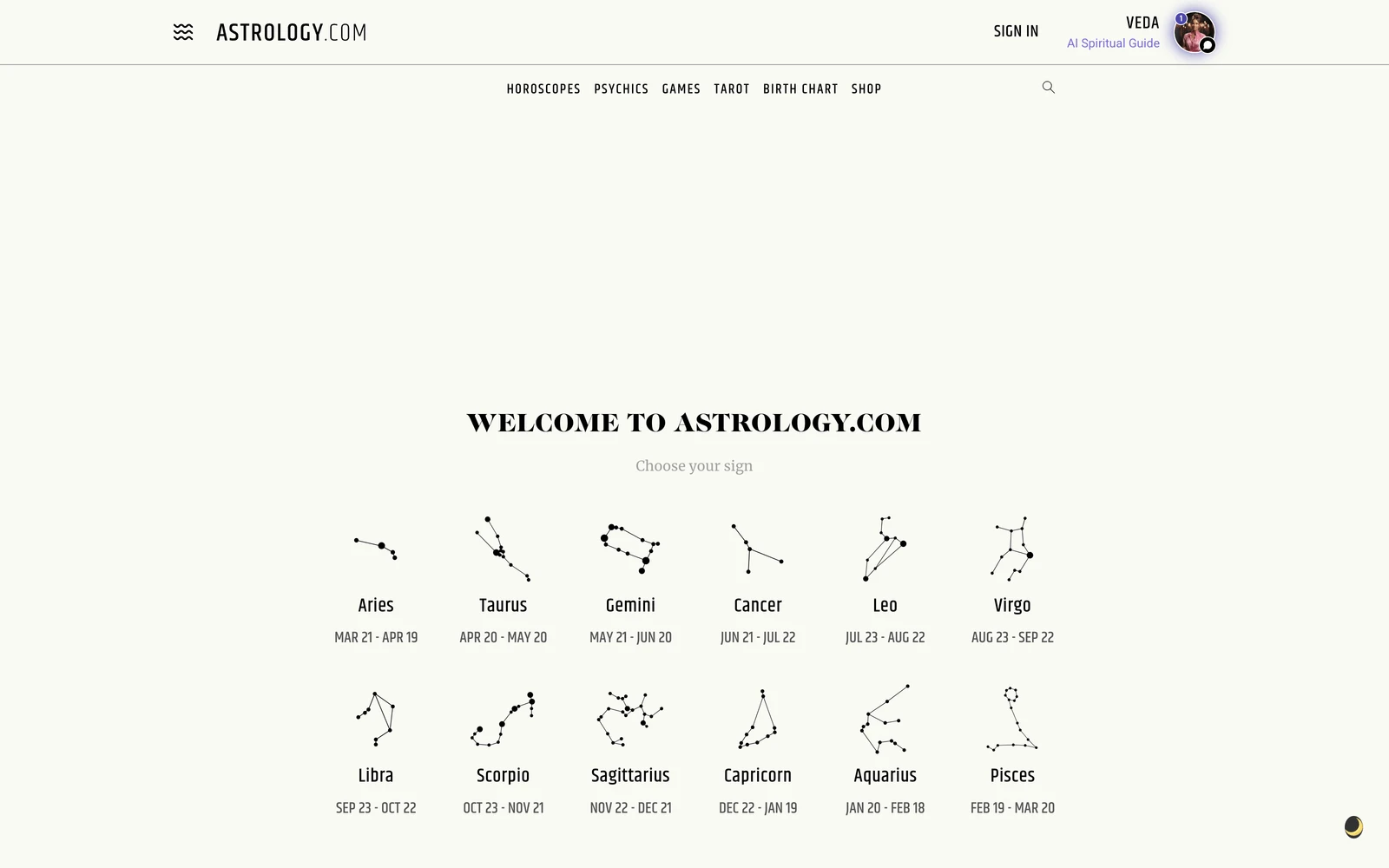 Top screenshot of Astrology.com