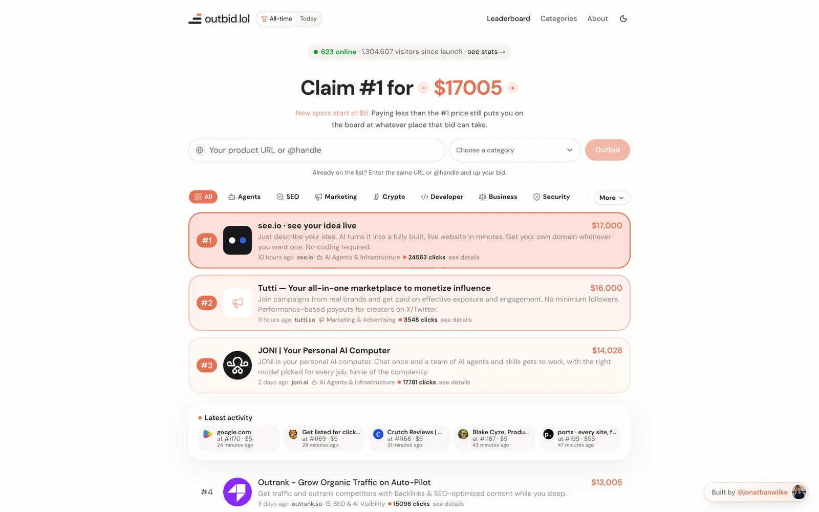 Top screenshot of Outbid.lol