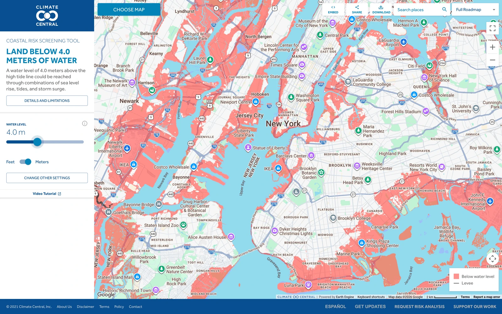 Top screenshot of ClimateCentral.org Coastal Map
