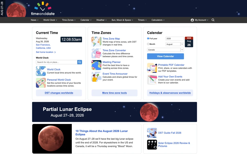 Screenshot of TimeAndDate.com