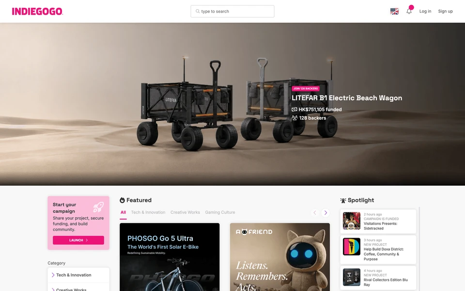 Screenshot of Indiegogo.com