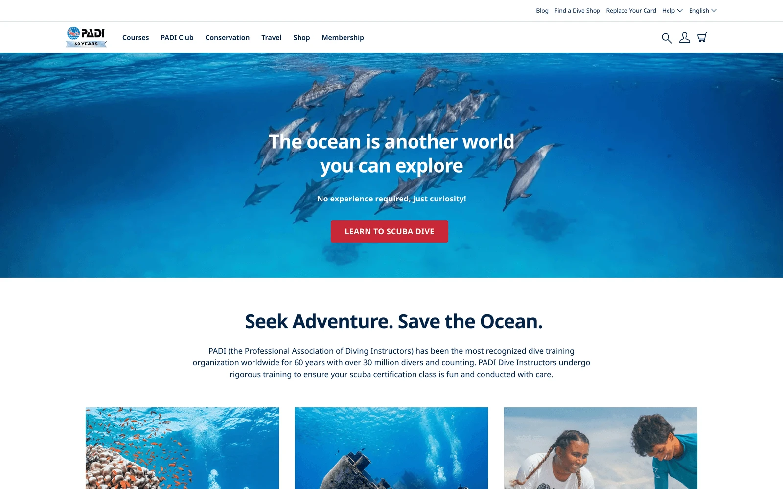 Top screenshot of PADI.com