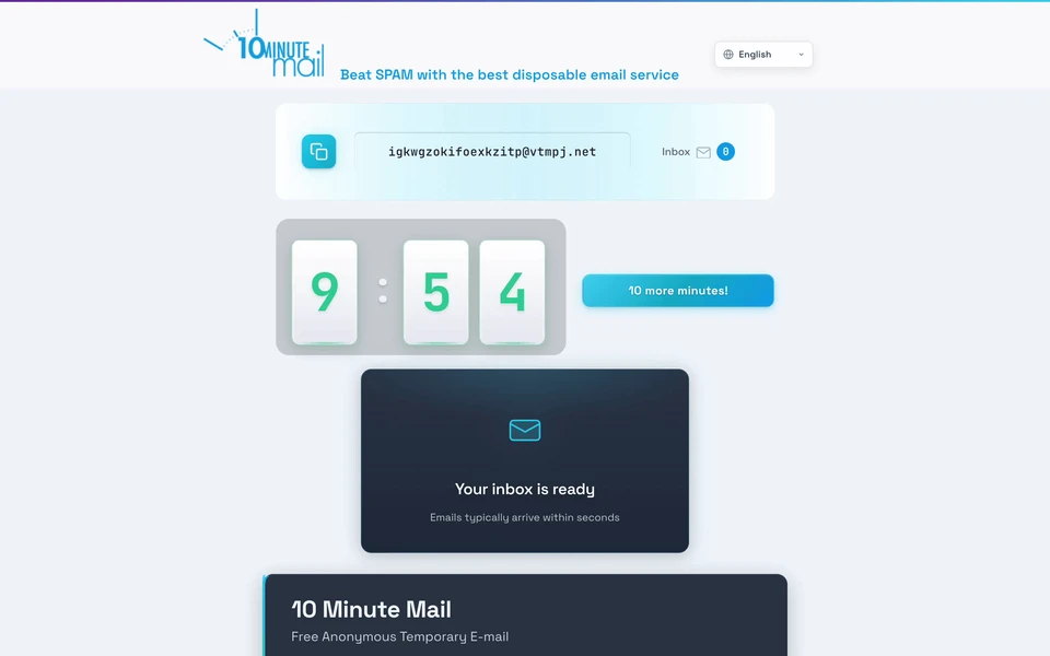 Screenshot of 10minuteMail.com