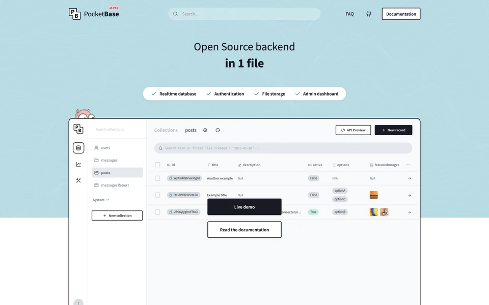 Screenshot of PocketBase.io