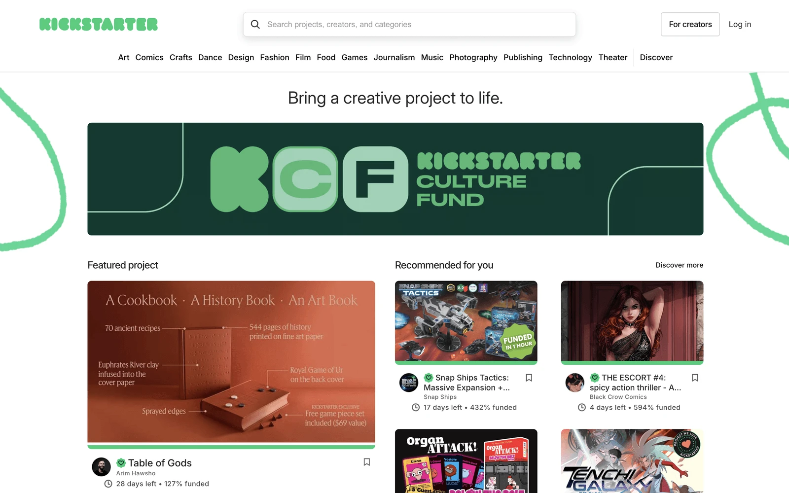 Top screenshot of Kickstarter.com