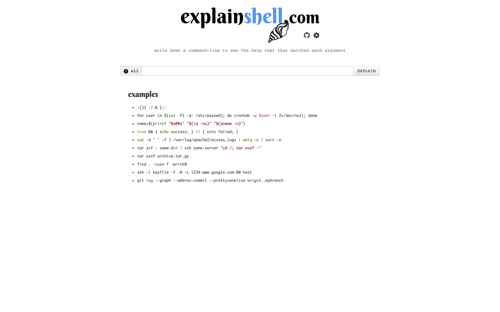 Top screenshot of ExplainShell.com