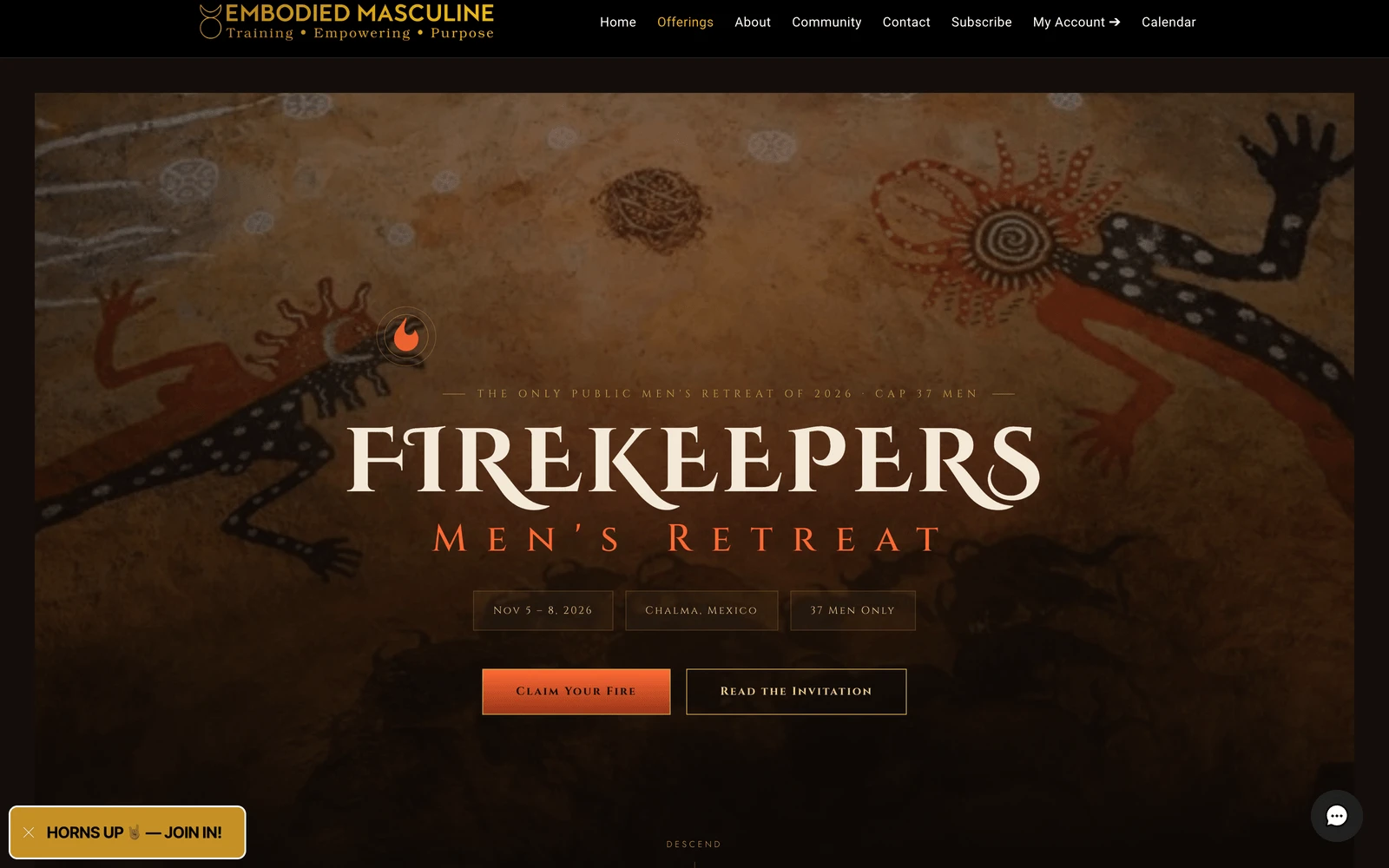 Top screenshot of EmbodiedMasculine.com Firekeepers Retreat