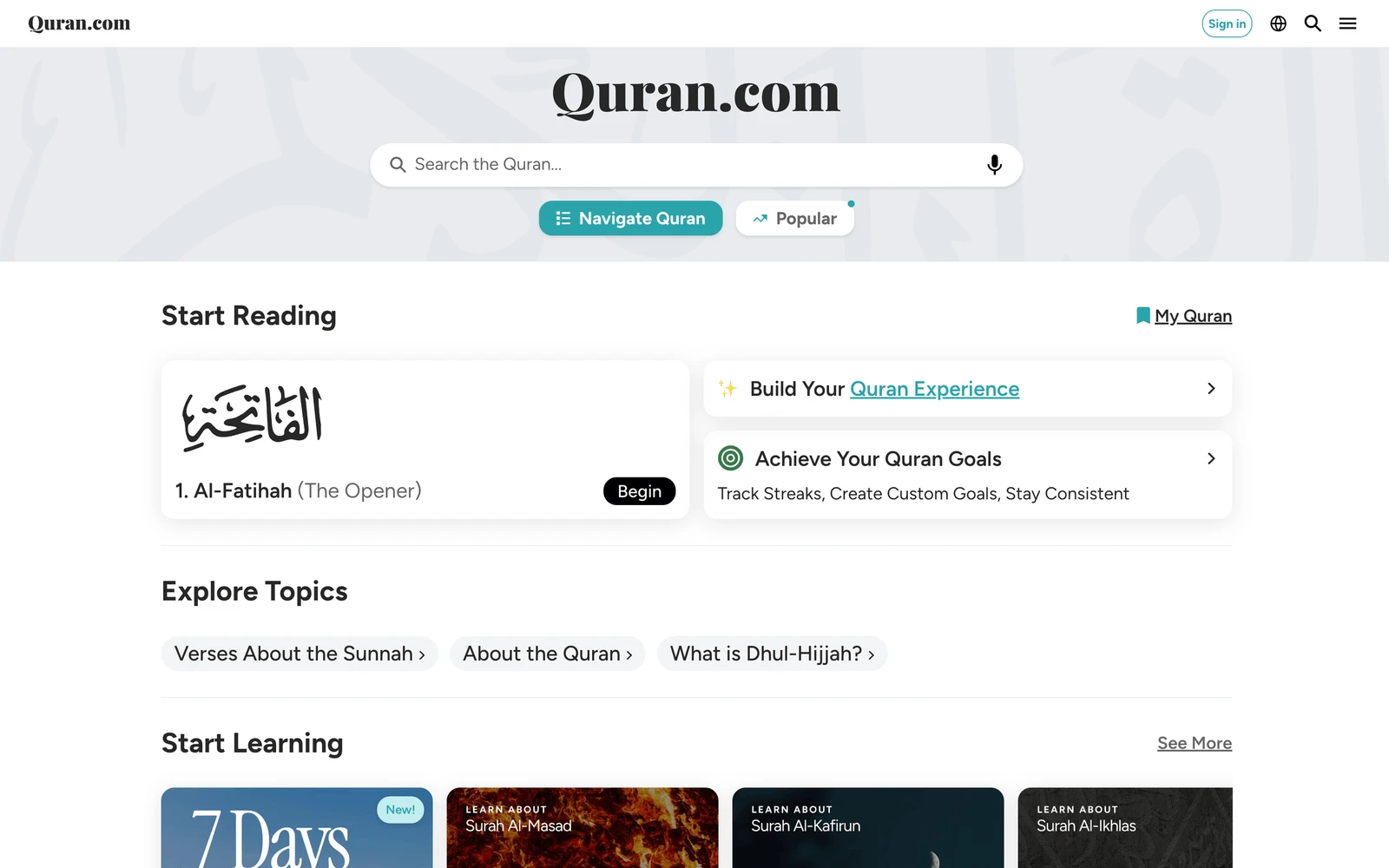 Top screenshot of Quran.com