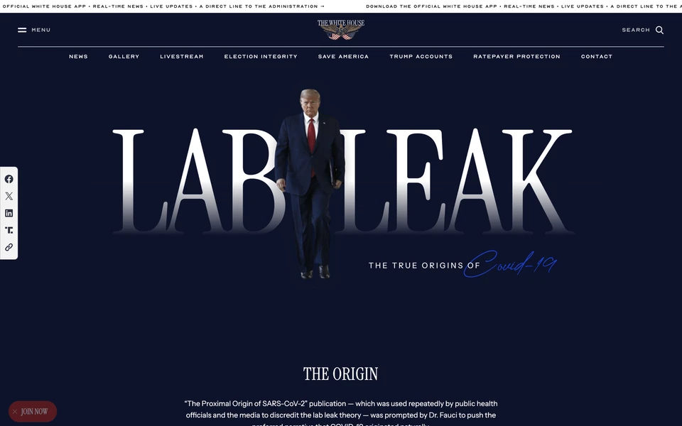 Screenshot of WhiteHouse.gov Lab Leak