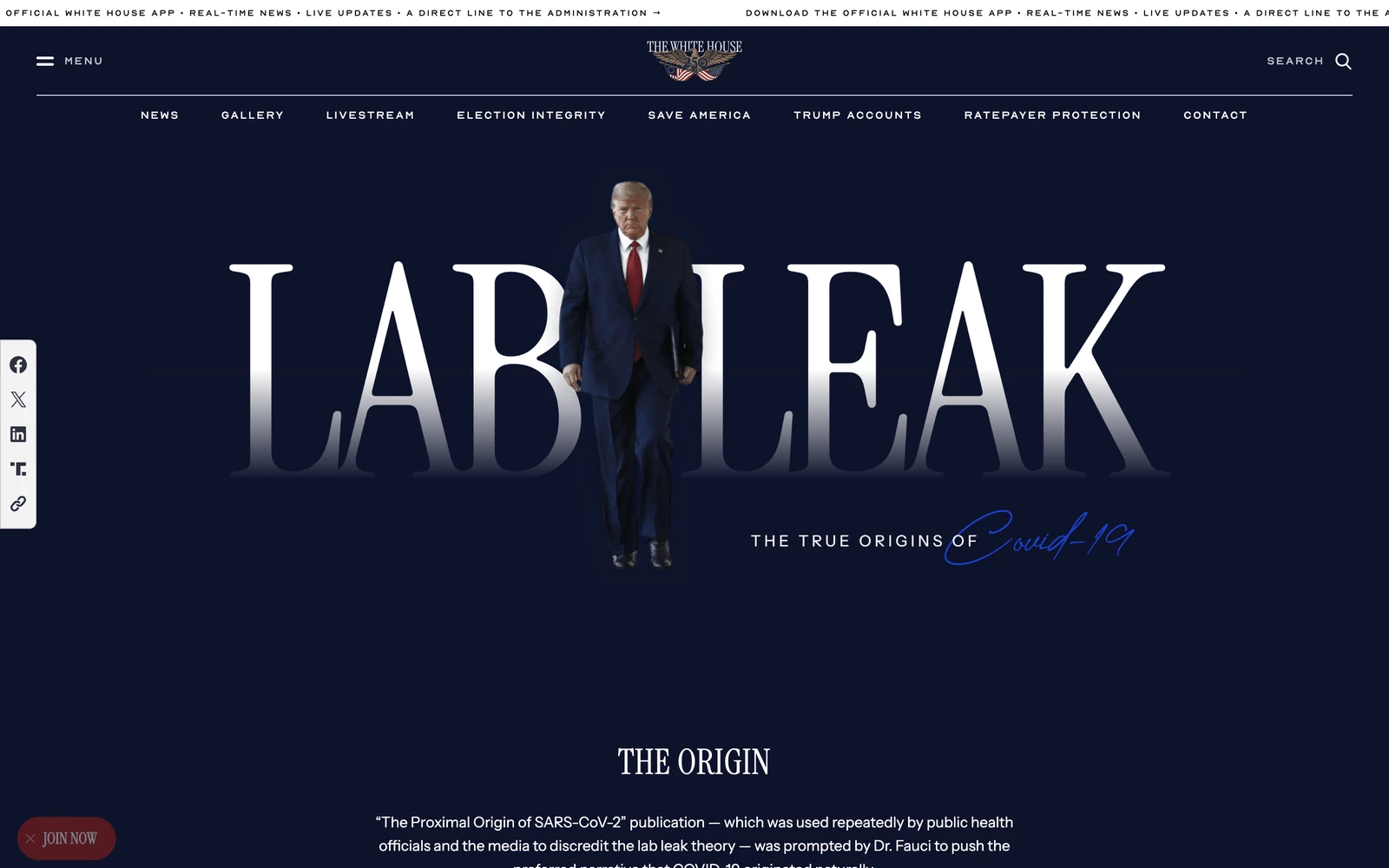 Top screenshot of WhiteHouse.gov Lab Leak