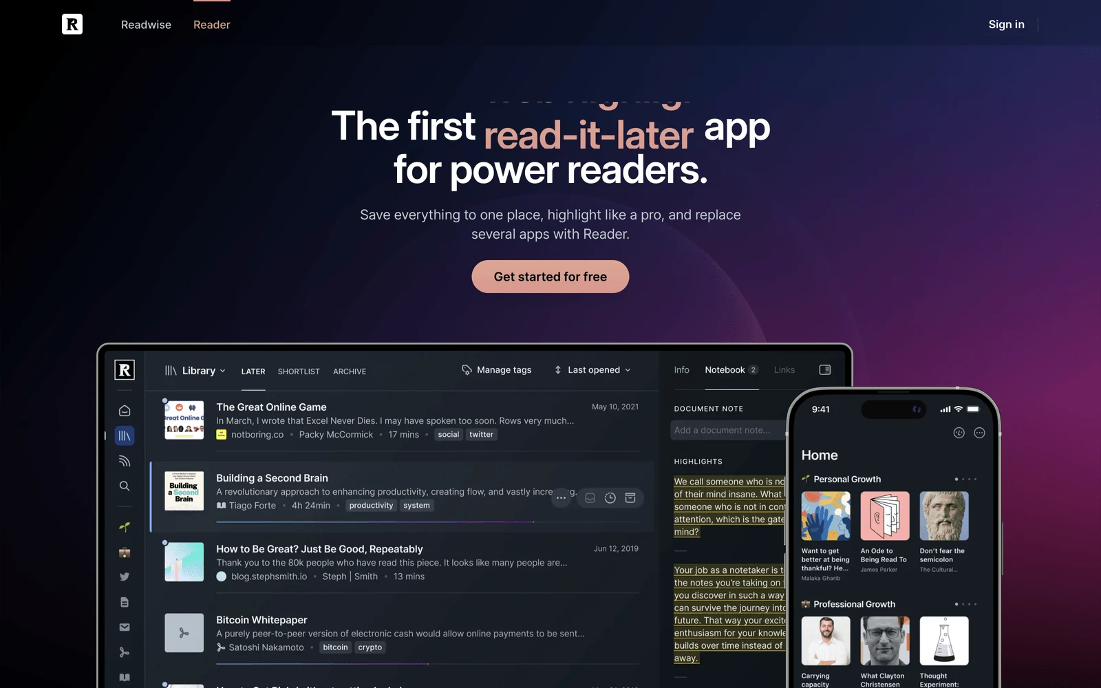 Top screenshot of Readwise.io