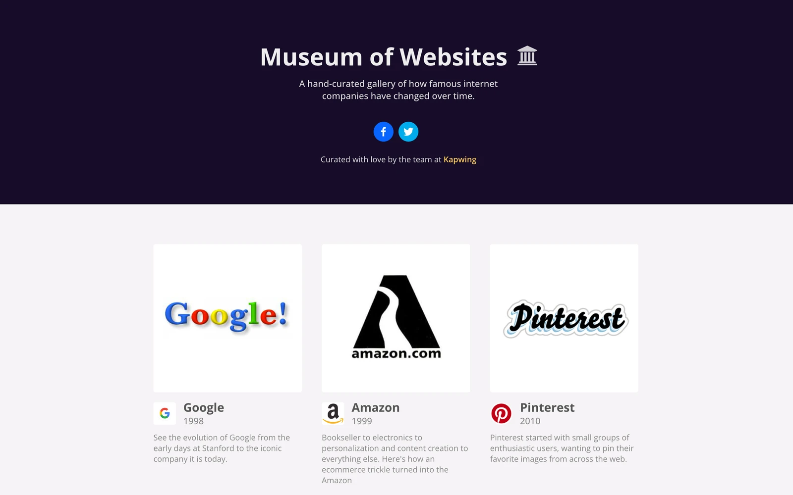 Top screenshot of Kapwing.com Museum of Websites