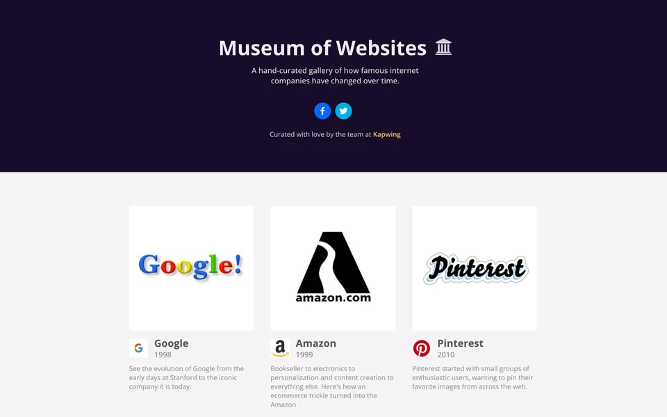 Screenshot of Kapwing.com Museum of Websites